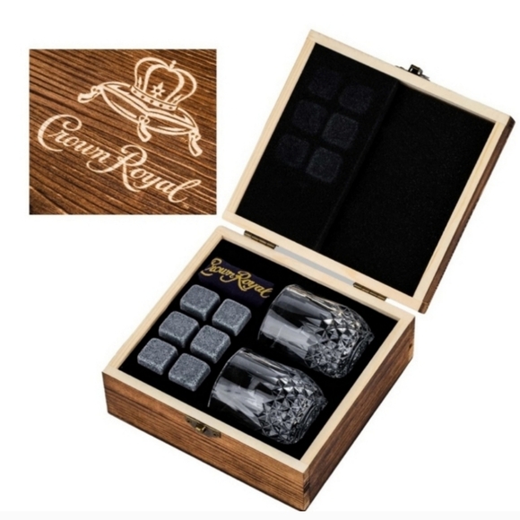 💜Crown Royal Whiskey Glass and Stones Set in Wooden Gift Box💜 - Picture 1 of 9